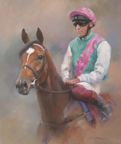 Enable. An equine, equestrian, racehorse and horse wall art canvas print of Enable and jockey Frankie Dettori by Jacqueline Stanhope. Signed limited edition.