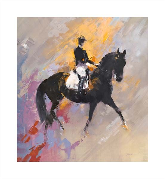 Dressage - Half Pass. An equine, equestrian and horse wall art canvas print of a dressage horse and rider by Jacqueline Stanhope. Signed limited edition.