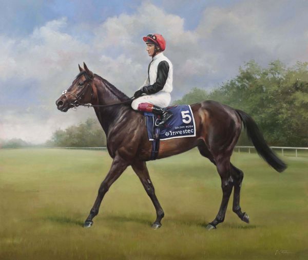 An equine, equestrian, racehorse and horse wall art canvas print of Epsom Derby winner Golden Horn and jockey Frankie Dettori, by Jacqueline Stanhope.