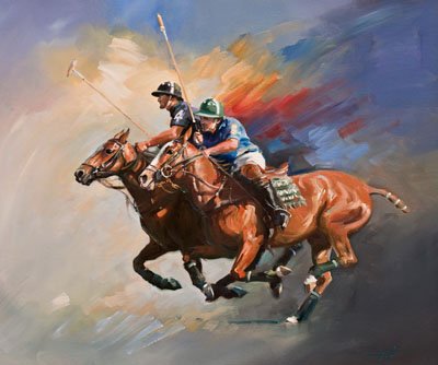Duel. A polo, equine, equestrian and horse wall art canvas action print by Jacqueline Stanhope. Signed limited edition.