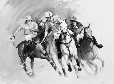 A polo, equine, equestrian and horse wall art canvas action print by Jacqueline Stanhope. Signed limited edition.