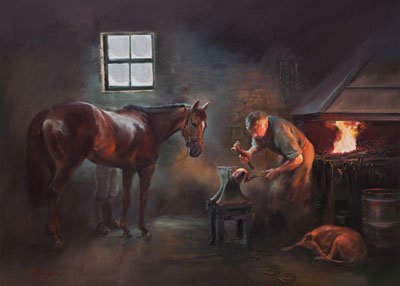 An equine, equestrian and horse wall art canvas print of a blacksmith, horse and dog in the warmth of a forge by Jacqueline Stanhope. Signed limited edition.