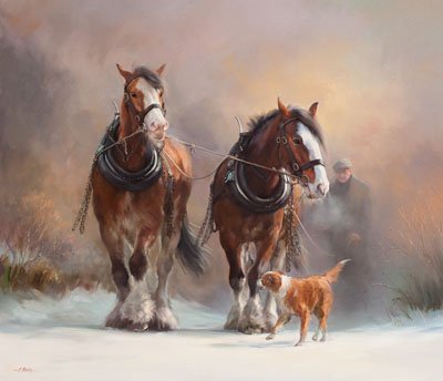 Leading The Way - An equine, equestrian and horse wall art canvas print of heavy horse Clydesdales and a collie in snow by Jacqueline Stanhope. Signed limited edition.