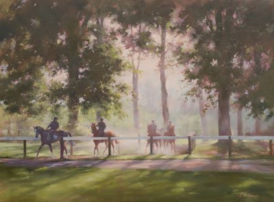 Dawn Mist. An equine, equestrian, racehorse and horse wall art canvas print horses and riders on the Newmarket gallops by Jacqueline Stanhope. Signed limited edition.