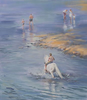 An equine, equestrian and horse wall art canvas print with horse and rider in water at the seaside by Jacqueline Stanhope. Signed limited edition.