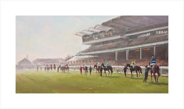 Cheltenham Festival Parade. An equine, equestrian, racehorse and horse wall art canvas print of horses parading at the Cheltenham Festival by Jacqueline Stanhope. Signed limited edition.