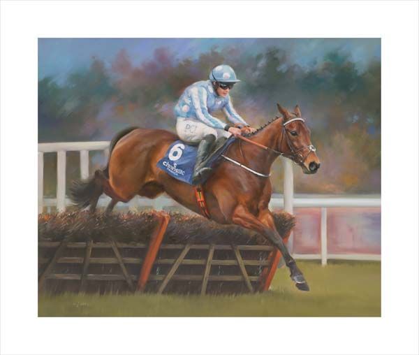 An equine, equestrian, racehorse and horse wall art canvas print of Honeysuckle and jockey Rachael Blackmore by Jacqueline Stanhope. Signed limited edition.
