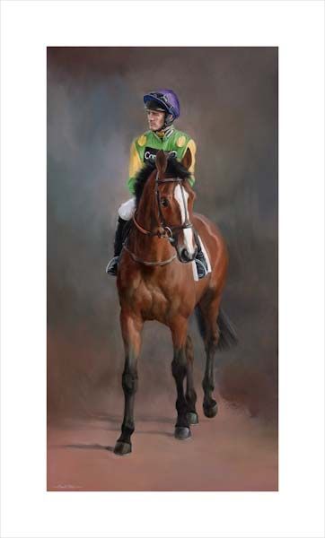 An equine, equestrian, racehorse and horse wall art canvas print of Kauto Star and jockey Ruby Walsh at the Cheltenham Festival by Jacqueline Stanhope. Signed limited edition.