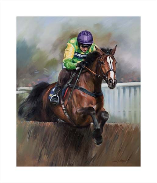 An equine, equestrian, racehorse and horse wall art canvas print of Kauto Star and jockey Ruby Walsh at the Cheltenham Festival by Jacqueline Stanhope. Signed limited edition.