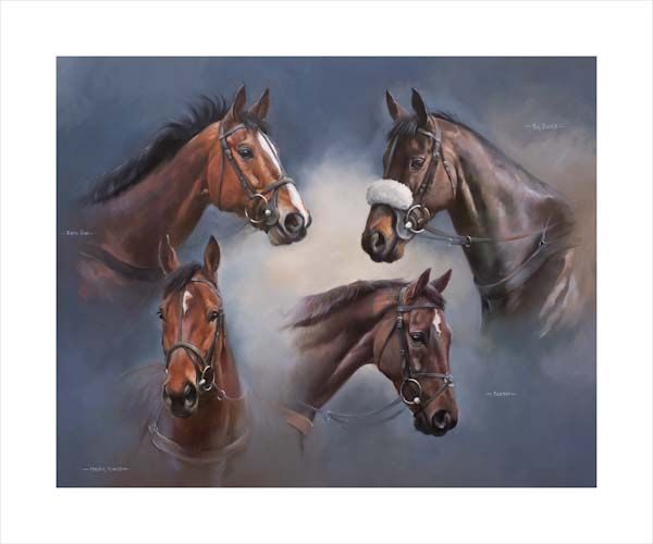 An equine, equestrian, racehorse and horse wall art canvas print of Cheltenham Festival winners Kauto Star, Denman, Master Minded and Big Buck's by Jacqueline Stanhope. Signed limited edition.