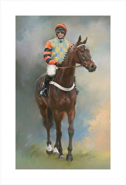 An equine, equestrian, racehorse and horse wall art canvas print of Cheltenham Festival winner Might Bite and jockey Nico de Boinville by Jacqueline Stanhope. Signed limited edition.