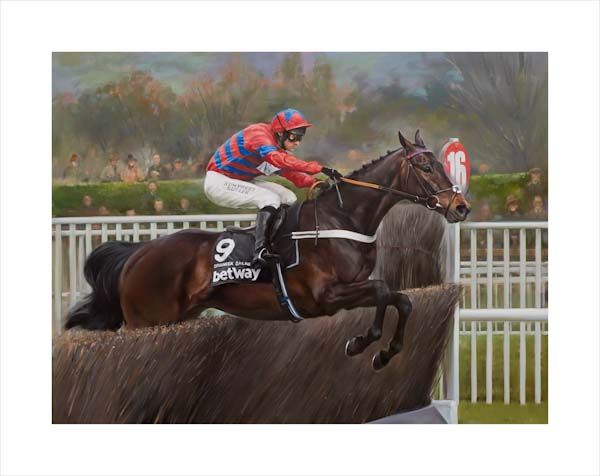 Sprinter Sacre. An equine, equestrian, racehorse and horse wall art canvas print of Sprinter Sacre and jockey Nico de Boinville at the Cheltenham Festival by Jacqueline Stanhope. Signed limited edition.