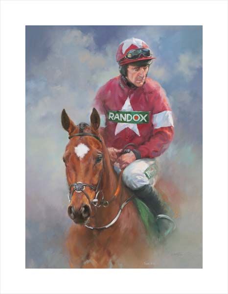 An equine, equestrian, racehorse and horse wall art canvas print of Grand National winner Tiger Roll and jockey Davy Russell by Jacqueline Stanhope. Signed limited edition.