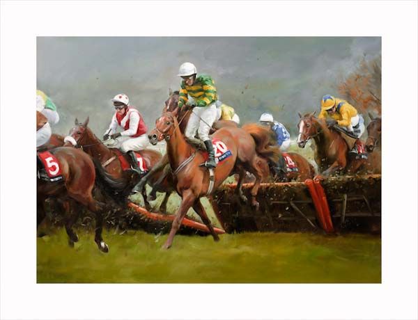 An equine, equestrian, racehorse and horse wall art canvas print of horses and jockeys in action at the Cheltenham Festival by Jacqueline Stanhope. Signed limited edition.