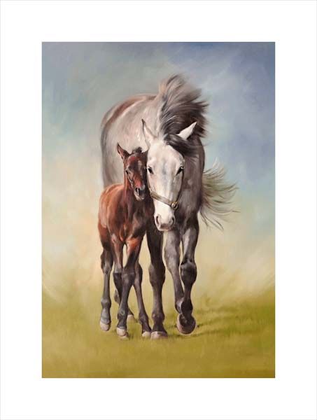 Closer. An equine, equestrian, racehorse and horse wall art canvas print of a grey thoroughbred mare and foal by Jacqueline Stanhope. Signed limited edition.