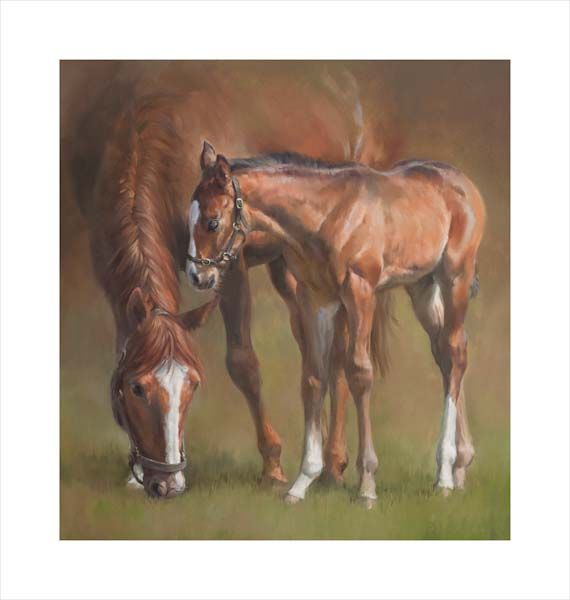 An equine, equestrian, racehorse and horse wall art canvas print of a thoroughbred mare and foal by Jacqueline Stanhope. Signed limited edition.