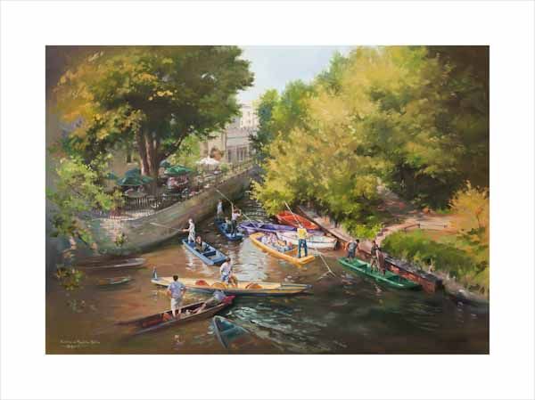 A wall art canvas print of people punting on the River Cherwell at Magdalen Bridge, Oxford by Jacqueline Stanhope. Signed limited edition.