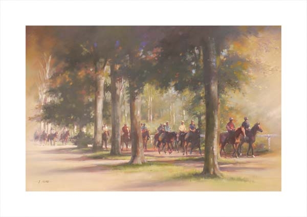 An equine, equestrian, racehorse and horse wall art canvas print of racehorses on their way to the Bury Hill training ground in Newmarket, by Jacqueline Stanhope. Signed limited edition.