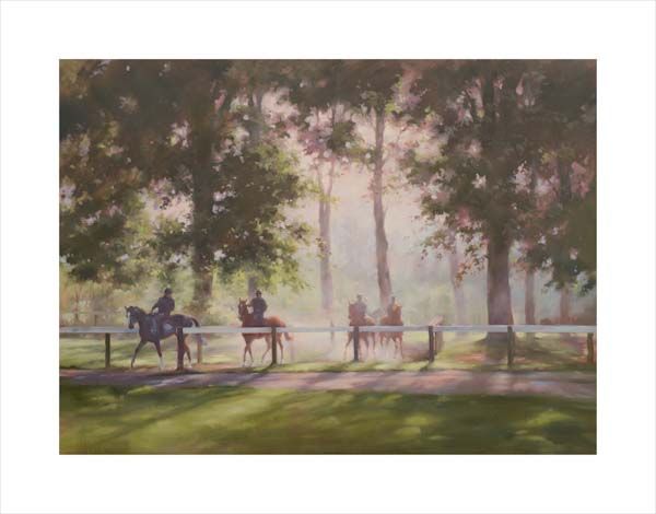Dawn Mist. An equine, equestrian, racehorse and horse wall art canvas print horses and riders on the Newmarket gallops by Jacqueline Stanhope. Signed limited edition.