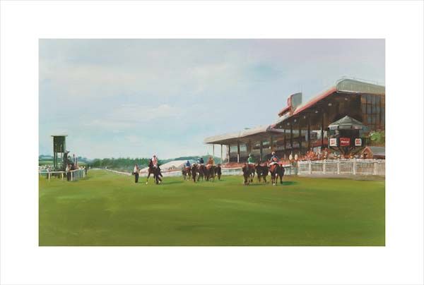An equine, equestrian, racehorse and horse wall art canvas print of horses and riders on Irish Derby Day at the Curragh racecourse by Jacqueline Stanhope. Signed limited edition.