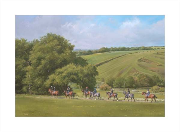 An equine, equestrian, racehorse and horse wall art canvas print of racehorses on the gallops at Lambourn by Jacqueline Stanhope. Signed limited edition.