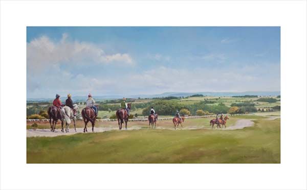 An equine, equestrian, racehorse and horse wall art canvas print of horses and riders at Low Moor, Middleham by Jacqueline Stanhope. Signed limited edition.