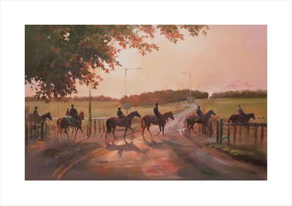 Moulton Road, Newmarket. An equine, equestrian, racehorse and horse art canvas print of horses and riders at Moulton Road and the Warren Hill gallops, Newmarket by Jacqueline Stanhope. Signed limited edition.