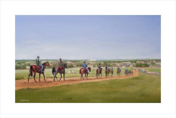 Newmarket From Warren Hill. An equine, equestrian, racehorse and horse wall art canvas print of horses and riders on the Warren Hill gallops, Newmarket by Jacqueline Stanhope. Signed limited edition.