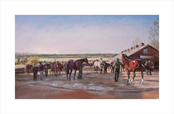 An equine, equestrian and horse wall art canvas print of horses at Tattersalls December Sales, Newmarket by Jacqueline Stanhope. Signed limited edition.