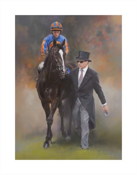 An equine, equestrian, racehorse and horse wall art canvas print of Epsom Derby winner Auguste Rodin, jockey Ryan Moore and trainer Aidan O'Brien by Jacqueline Stanhope. Signed limited edition.