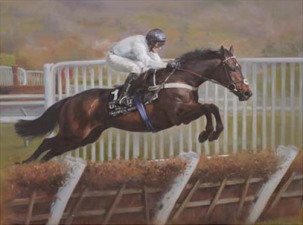 An equine, equestrian, racehorse and horse wall art canvas print of Constitution Hill  jockeys Nice de Boinville at the Cheltenham Festival by Jacqueline Stanhope. Signed limited edition.