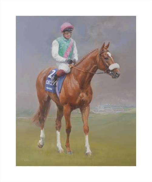 An equine, equestrian, racehorse and horse wall art canvas print of Newmarket two thousand guineas winner Chaldean and jockey Frankie Dettori by Jacqueline Stanhope. Signed limited edition.