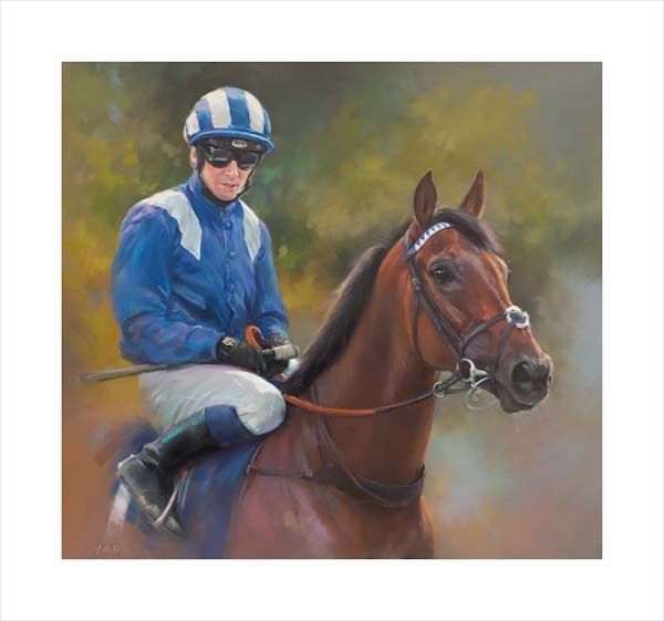 Battaash. An equine, equestrian, racehorse and horse wall art canvas print of Battaash and jockey Jim Crowley by Jacqueline Stanhope. Signed limited edition.