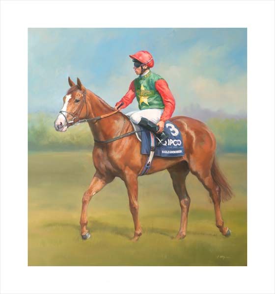 Billesdon Brook. An equine, equestrian, racehorse and horse wall art canvas print of Billesdon Brook and jockey Sean Levey winning the 2000 Guineas at Newmarket by Jacqueline Stanhope. Signed limited edition.