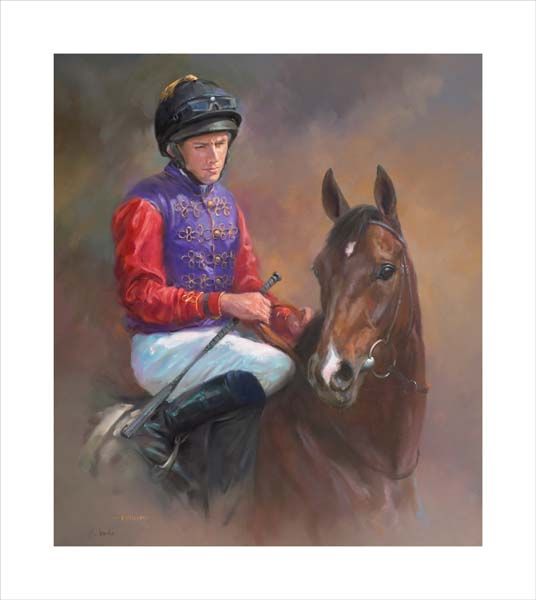 Estimate. An equine, equestrian, racehorse and horse wall art canvas print of Estimate and jockey Ryan Moore by Jacqueline Stanhope. Signed limited edition.