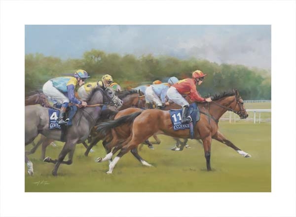 An equine, equestrian, racehorse and horse wall art canvas print of Highfield Princess and jockey Jason Tate winning the Coolmore Nunthorpe Stakes at York, by Jacqueline Stanhope. Signed limited edition.
