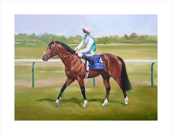 Frankel and Tom Queally. An equine, equestrian, racehorse and horse wall art canvas print of Frankel and jockey Tom Queally winning the 2000 Guineas at Newmarket by Jacqueline Stanhope. Signed limited edition.