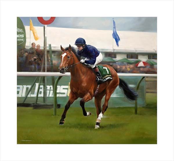 An equine, equestrian, racehorse and horse wall art canvas print of George Washington and jockey Kieran Fallon winning the 2000 Guineas at Newmarket by Jacqueline Stanhope. Signed limited edition.