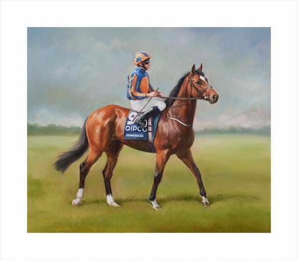 An equine, equestrian, racehorse and horse wall art canvas print of Gleneagles and jockey Ryan Moore winning the 2000 Guineas at Newmarket by Jacqueline Stanhope. Signed limited edition.