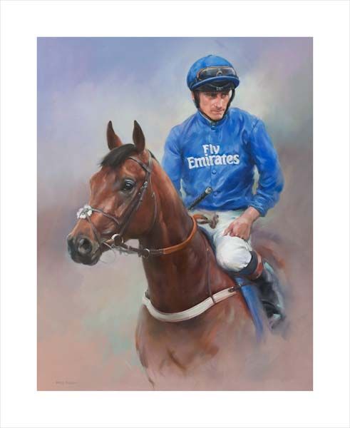 An equine, equestrian, racehorse and horse wall art canvas print of Harry Angel and jockey Adam Kirby by Jacqueline Stanhope. Signed limited edition.