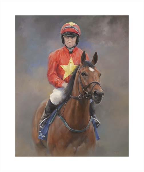 An equine, equestrian, racehorse and horse wall art canvas print of Highfield Princess and jockey Jason Tate before winning the Coolmore Nunthorpe Stakes at York, by Jacqueline Stanhope. Signed limited edition.