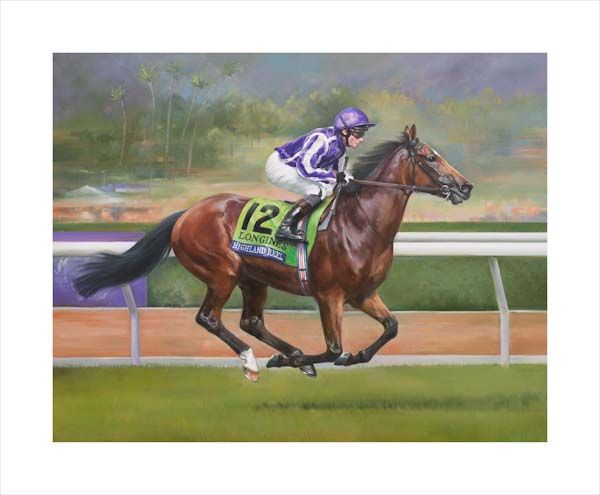 An equine, equestrian, racehorse and horse wall art canvas print of Highland Reel and jockey Seamus Heffernan by Jacqueline Stanhope. Signed limited edition.