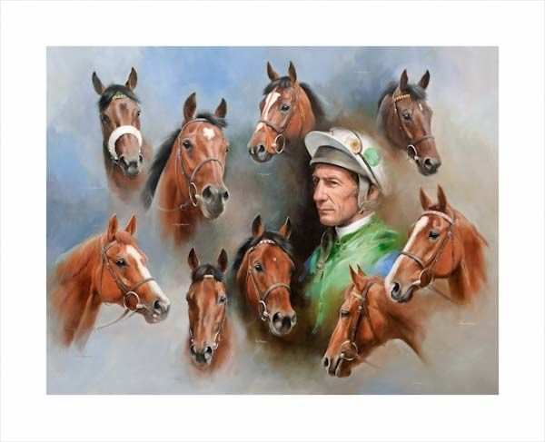 Lester Piggott's nine Epsom Derby winners. An equine, equestrian, racehorse and horse wall art canvas print of by Jacqueline Stanhope. Signed limited edition.