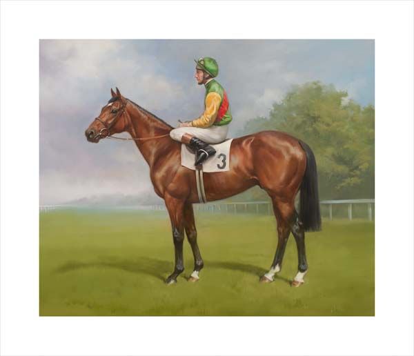 An equine, equestrian, racehorse and horse wall art canvas print of Epsom Derby and Triple Crown winner Nijinsky and jockey Lester Piggott by Jacqueline Stanhope. Signed limited edition.