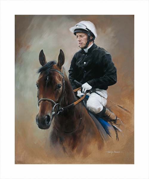 An equine, equestrian, racehorse and horse wall art canvas print of Epsom Oaks winner Ouija Board and jockey Kieren Fallon by Jacqueline Stanhope. Signed limited edition.