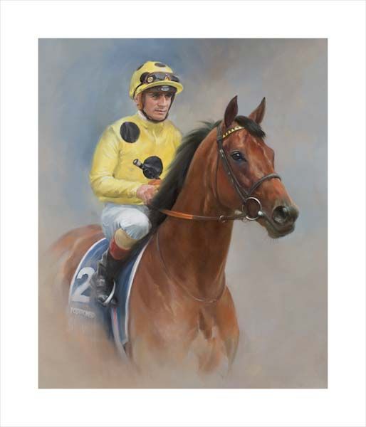 An equine, equestrian, racehorse and horse wall art canvas print of Postponed and jockey Andrea Atzeni by Jacqueline Stanhope. Signed limited edition.