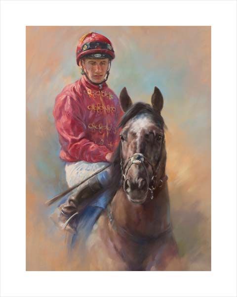 An equine, equestrian, racehorse and horse wall art canvas print of Roaring Lion and jockey Oisin Murphy by Jacqueline Stanhope. Signed limited edition.
