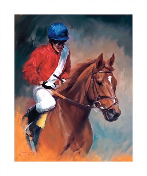 An equine, equestrian, racehorse and horse wall art canvas print of Russian Rhythm and jockey Kieran Fallon at the 1000 Guineas in Newmarket by Jacqueline Stanhope. Signed limited edition.