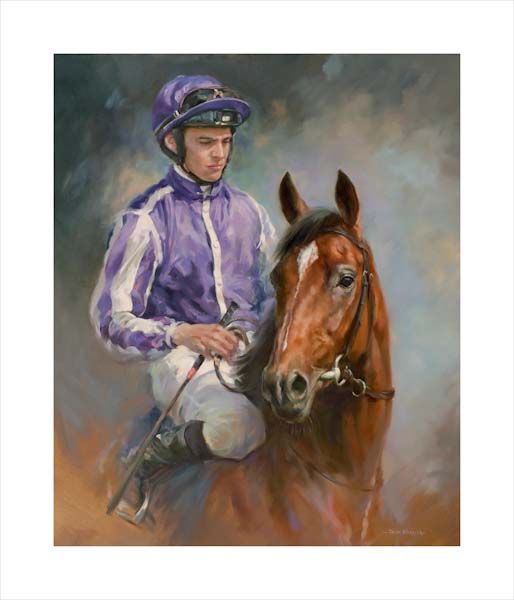 An equine, equestrian, racehorse and horse wall art canvas print of 200 Guineas  winner Saxon Warrior and jockey Donnacha O'Brien by Jacqueline Stanhope. Signed limited edition.