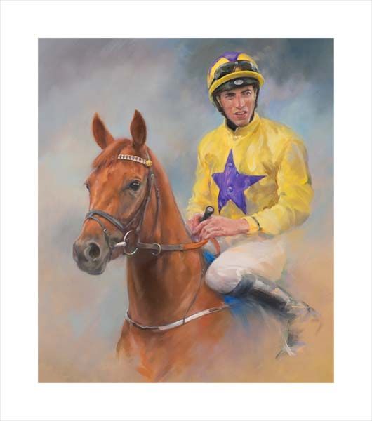 An equine, equestrian, racehorse and horse wall art canvas print of Irish and Yorksire Oaks winner Sea of Class and jockey James Doyle by Jacqueline Stanhope. Signed limited edition.